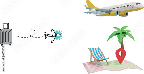 Holiday Travel Vector Set with Airplane Suitcase Beach Chair Palm Tree Map