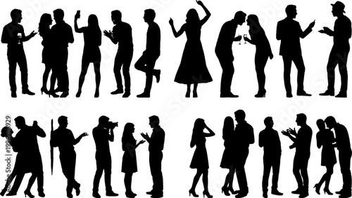 People celebrating at party dancing and drinking wine silhouette set