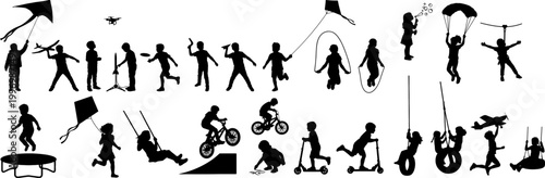 Active children playing outdoors and sports activities silhouette set