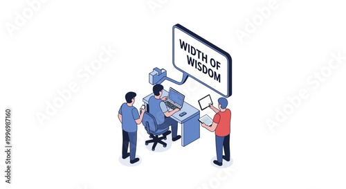 Isometric illustration of three people working together on a project with a wisdom sign.