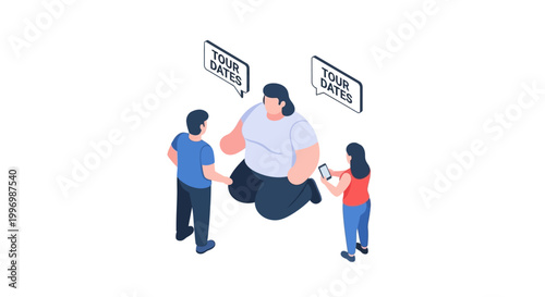 Isometric Illustration of Tour Guide with Tourists Discussing Dates.