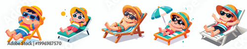vector of a little boy sunbathing on the beach during summer