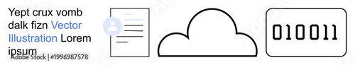 Data management, cloud storage, digital security, information systems, coding, network solutions. Binary code, cloud and document symbols. Data management and cloud storage