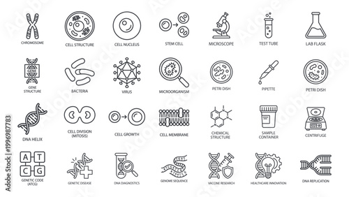 Genetics, Cell Biology, and Laboratory Research Line Icon Set