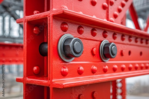Red steel beam structure with bolts and rivets