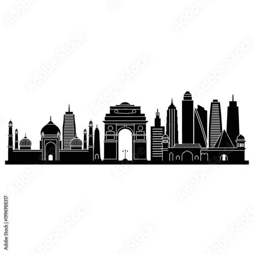 A black and white vector graphic illustration of the New Delhi city skyline featuring iconic landmarks