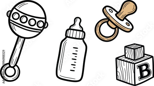 Charming sketch of baby essentials a rattle pacifier bottle and building block for infant care and development