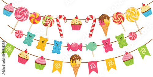 Colorful Candy, Cupcake, and Ice Cream Garland with Lollipops, Gummy Bears, and Flags for Party Decoration and Event Design