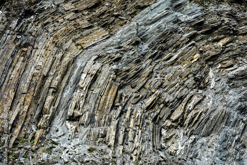 Принти на полотні A detailed close-up view of layered rock formations in the Alps, showcasing natural geological structures, textures, and stratification shaped over millions of years in a mountainous environment