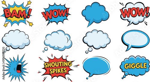 Comic Speech Bubble Icon Set with BAM, WOW, Giggle, Shouting Spikes, and Exclamation Sound Effects for Action and Dialogue Design