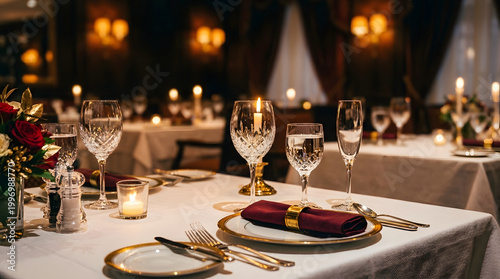 Elegant restaurant table setting with crystal stemware and white linen