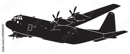 Military Transport Aircraft Silhouette Vector, Cargo Airplane in Flight, Black and White Aviation Illustration