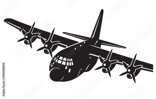 Military Transport Aircraft Silhouette Vector, Cargo Airplane in Flight, Black and White Aviation Illustration