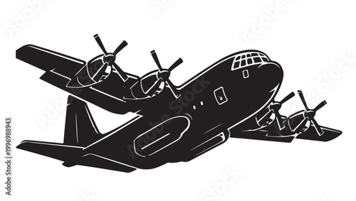 Military Transport Aircraft Silhouette Vector, Cargo Airplane in Flight, Black and White Aviation Illustration