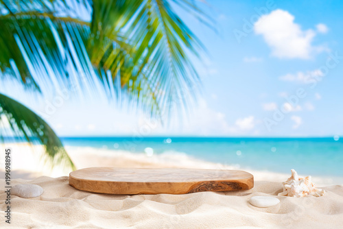 Wooden podium with space for your product montage on tropical summer sand beach