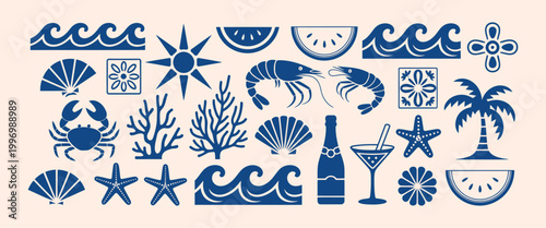 summer travel doodle collection, Italian coastal vacation vector illustration, minimalist blue line art silhouettes, palm trees, lemons, cocktails, sun, sea waves, and seashell elements for trendy.
