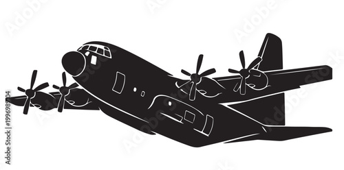 Military Transport Aircraft Silhouette Vector, Cargo Airplane in Flight, Black and White Aviation Illustration