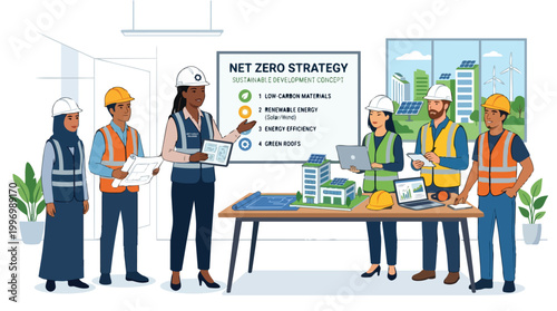 Sustainable Development Team Collaboration Net Zero Strategy Illustration Vector Diverse Workers Planning Eco Friendly Industry Concepts