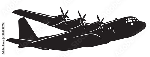 Military Transport Aircraft Silhouette Vector, Cargo Airplane in Flight, Black and White Aviation Illustration