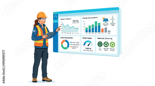 Sustainable Industry Monitoring Vector Illustration Worker Analyzing Environmental Data Dashboard Renewable Energy Consumption Report