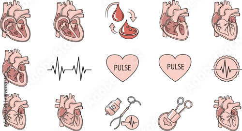 Heart, Pulse, and Blood Circulation Icon Set with Medical Equipment and Health Monitoring Symbols for Cardiovascular Health