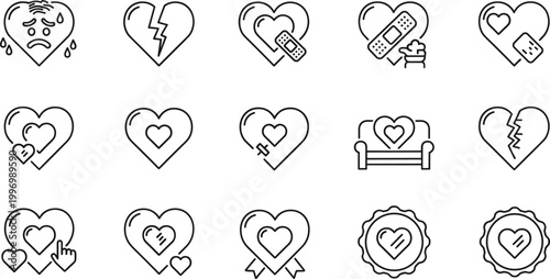 Heartbreak, Healing, and Emotional Recovery Icon Set Featuring Broken Heart, Bandage, Couch, and Healing Symbols in Line Art