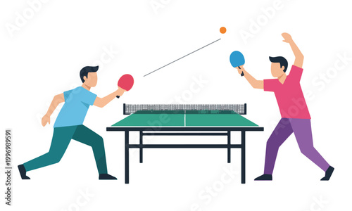 Table tennis players playing ping pong match on green table