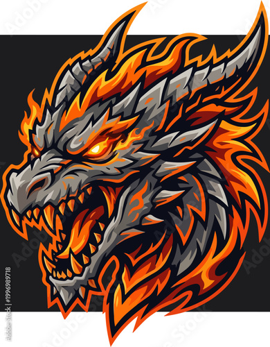 Aggressive Flaming Dragon Head Mascot Logo Design.