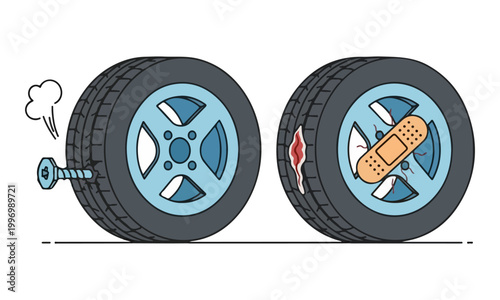 Punctured car tire with screw and adhesive bandage illustration
