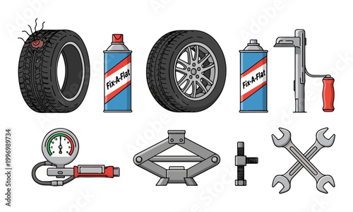 Car Tire Repair Kit with Punctured Wheel and Jack Illustration