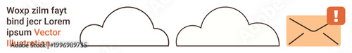 Cloud computing, data backup, email alerts, communication, digital notifications, cybersecurity. Two cloud shapes and a message envelope with an exclamation mark. Cloud computing and email alerts