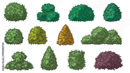 Various 2D AutoCAD designs of trees in different shapes and colors on a plain background