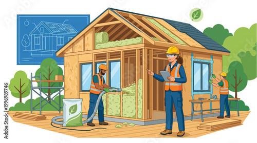 Eco Friendly Home Construction Workers Building Sustainable House with Insulation and Blueprint Illustration