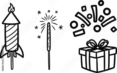 Festive black and white doodle illustration celebrating with fireworks sparklers and a gift box