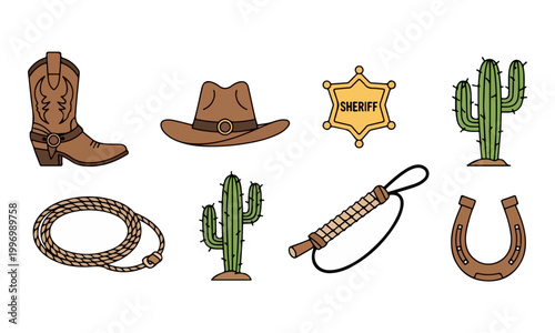 Wild West cowboy equipment icons set on white background
