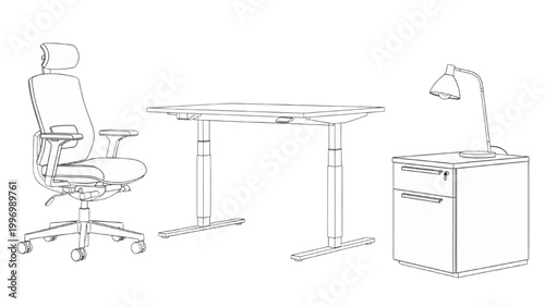 Office furniture setup includes 2D AutoCAD designed desk, chair, and filing cabinet with lamp