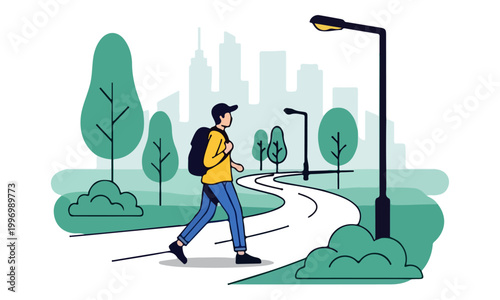 Man with backpack walking through park path with city skyline