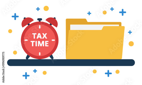 Tax Time Red Alarm Clock and Document Folder Vector Illustration