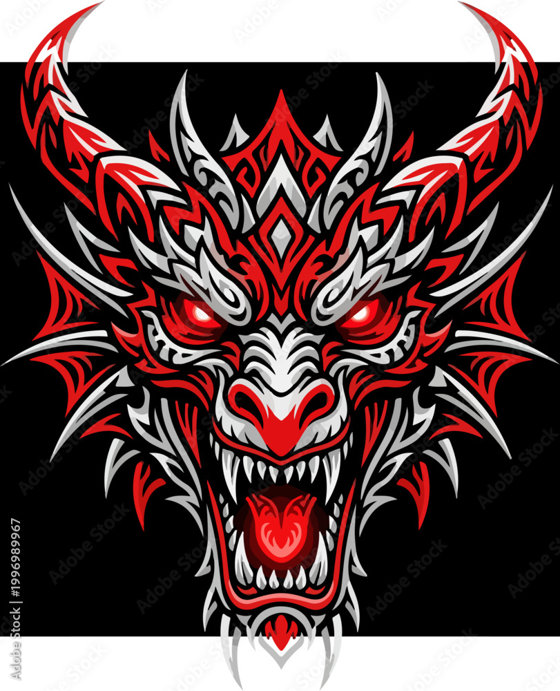 Fototapeta premium Aggressive Red Dragon Head Mascot Illustration.