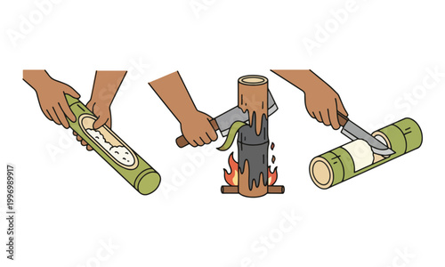 Cooking Glutinous Rice in Bamboo Tube Illustration Set