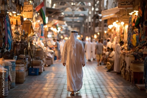 Arab man walking through a traditional busy dubai souk