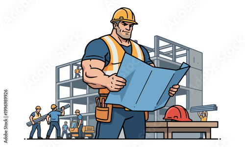 Construction worker holding blueprint at building site illustration