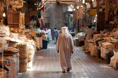 Arab man walking through traditional dubai spice souk market
