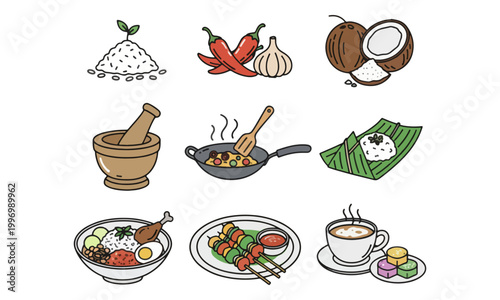 Indonesian food and cooking ingredients vector icon set