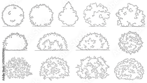 2D AutoCAD designs showcase various bush shapes and a smiling moon in a simple line drawing style.