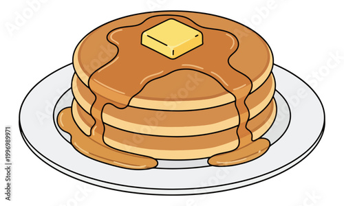 Pancakes with Butter and Maple Syrup on Plate Vector Illustration