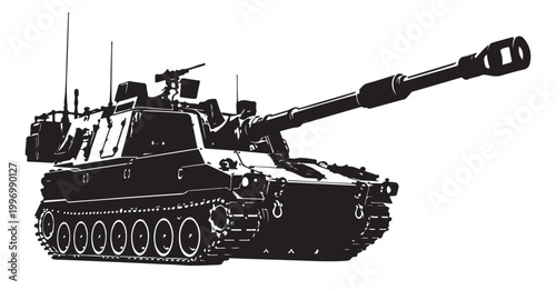 Self Propelled Howitzer Silhouette Vector, Armored Artillery Vehicle, Black and White Military Illustration