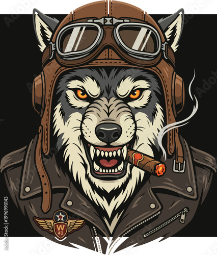 Aggressive wolf pilot with cigar in leather jacket and vintage goggles.