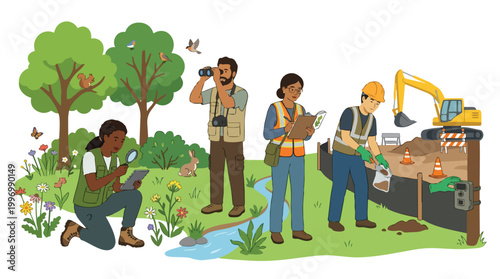 Environmental Assessment Team Investigating Construction Site Impact with Diverse Workers and Wildlife Observation
