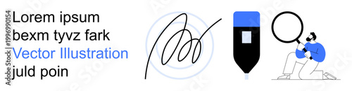 Authentication, verification, digital identity, analysis, signature validation, research. a signature, magnifying glass and pen icons. Authentication and verification stand out